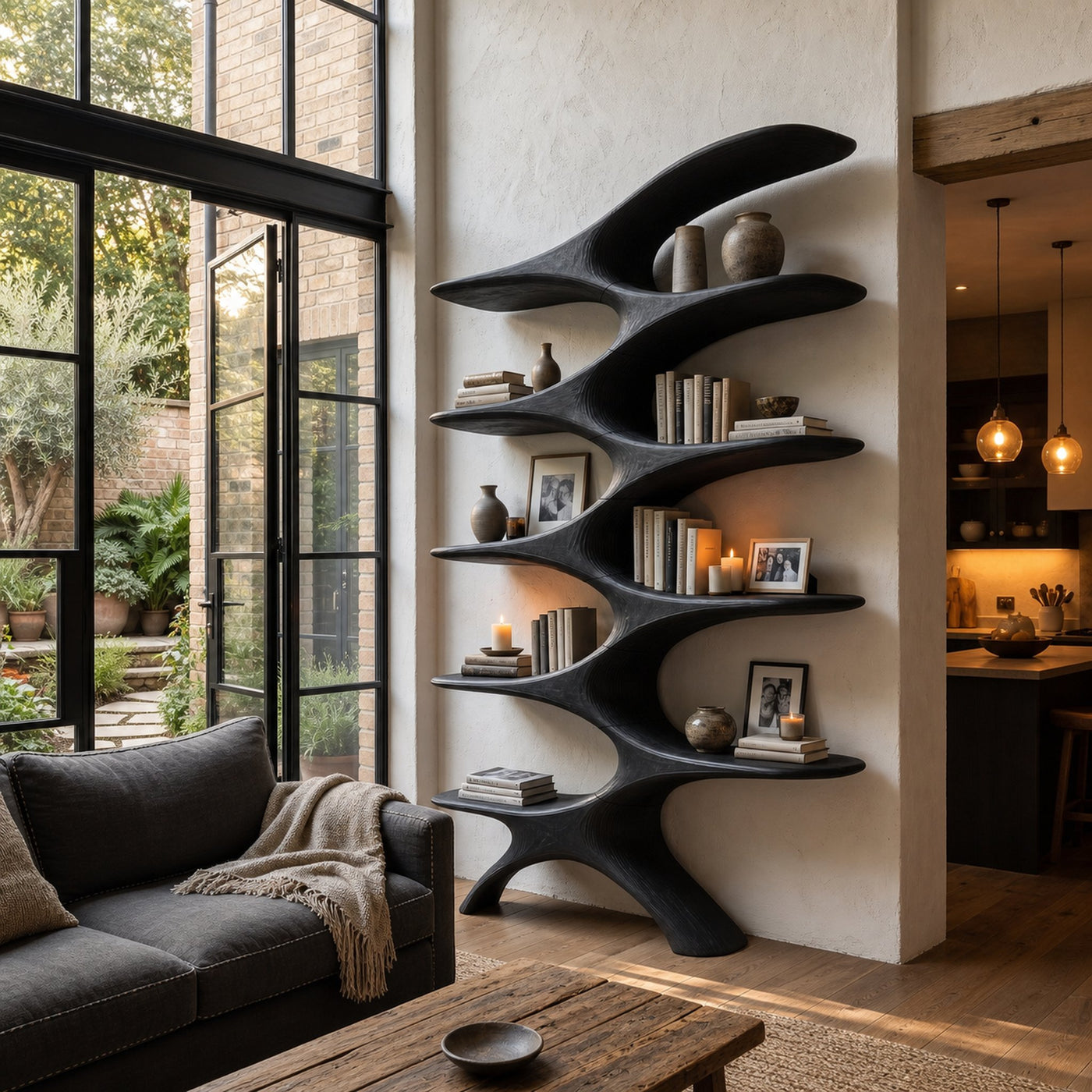 Sculptural Wall Bookcase With Organic Multi Tier Shelves For Living Room