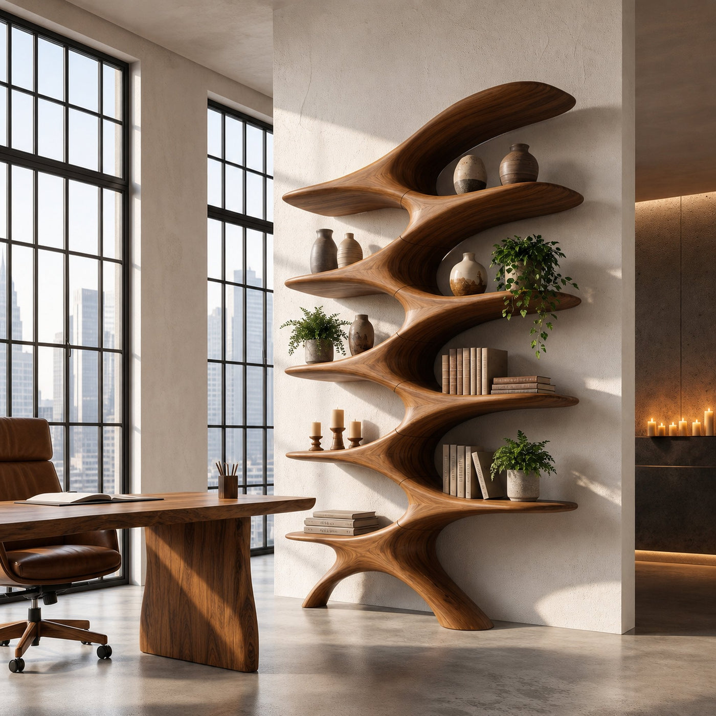 Sculptural Wall Bookcase With Organic Multi Tier Shelves For Living Room - product view 6