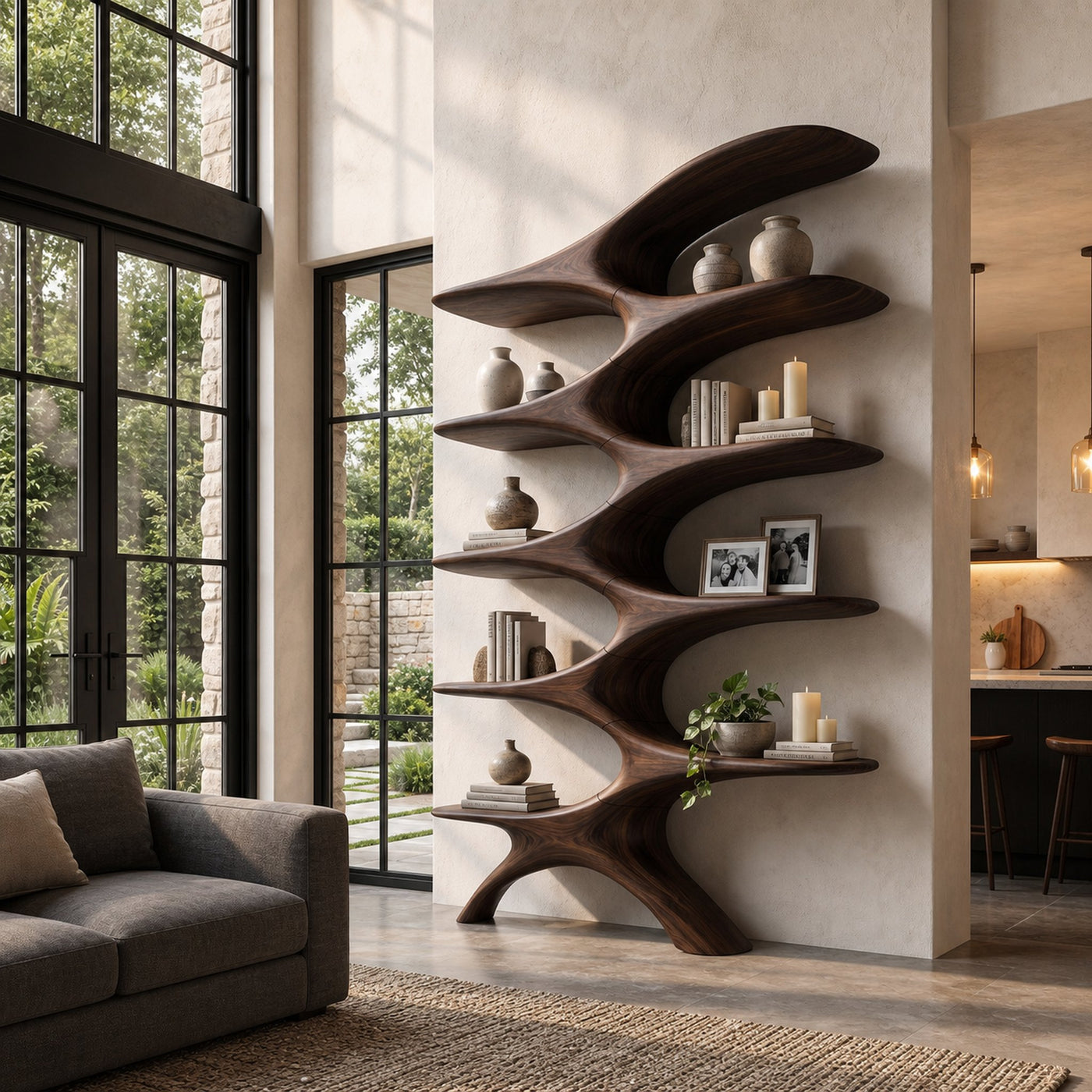Sculptural Wall Bookcase With Organic Multi Tier Shelves For Living Room - product view 7