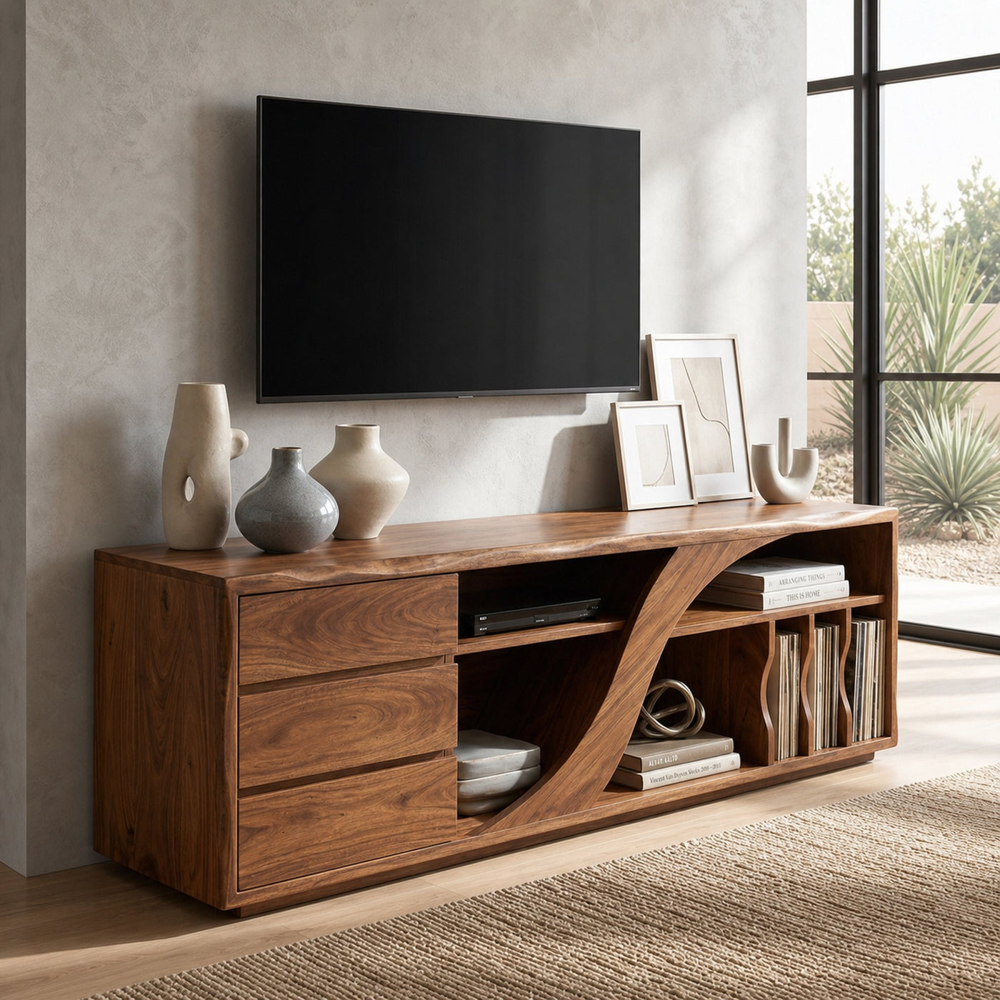 Sculptural Walnut TV Stand Modern Minimalist Interior