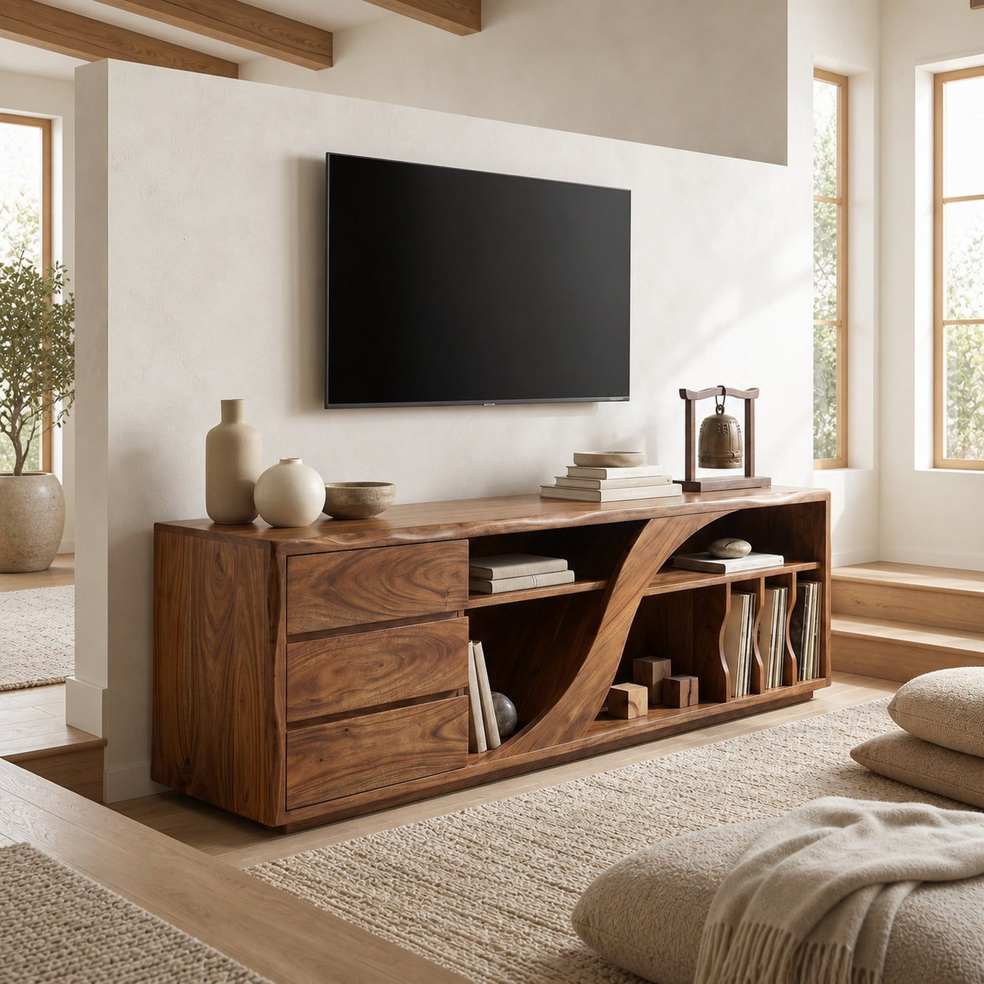 Sculptural Walnut TV Stand Modern Minimalist Interior - product view 6