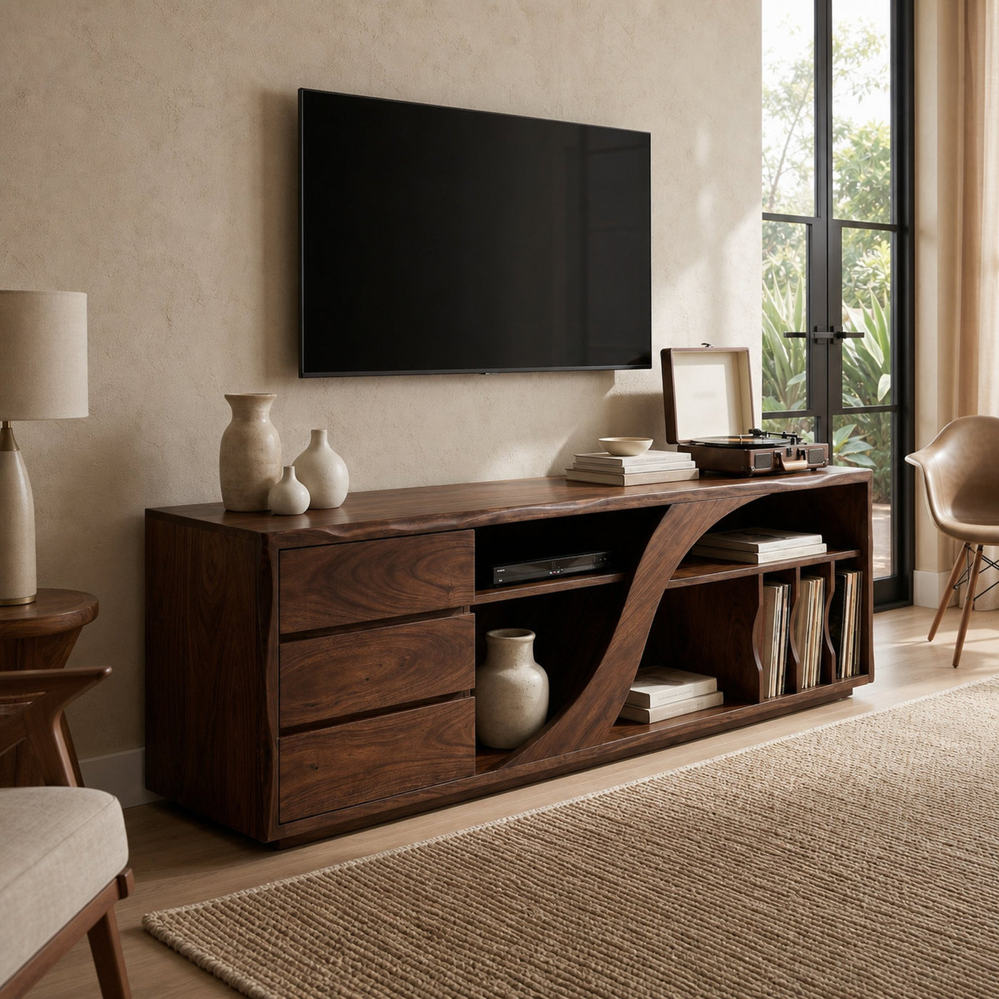 Sculptural Walnut TV Stand Modern Minimalist Interior - product view 7