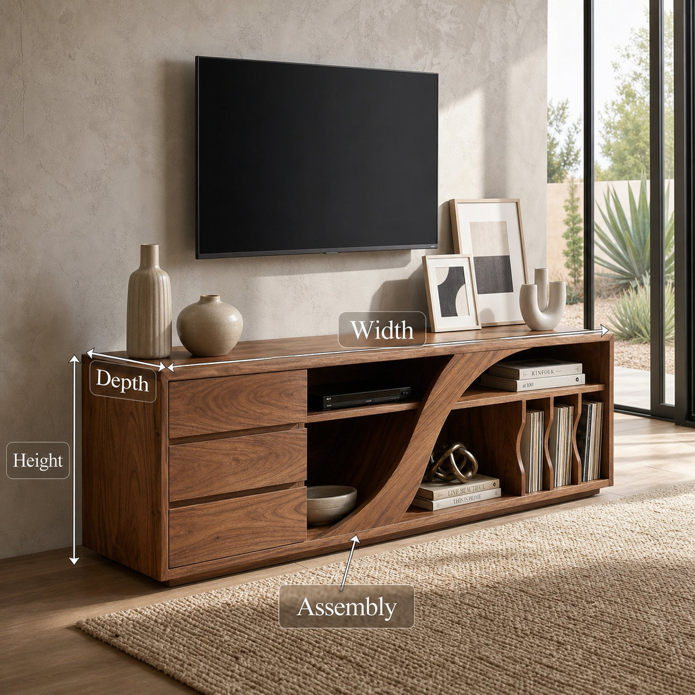 Sculptural Walnut TV Stand Modern Minimalist Interior - product view 8