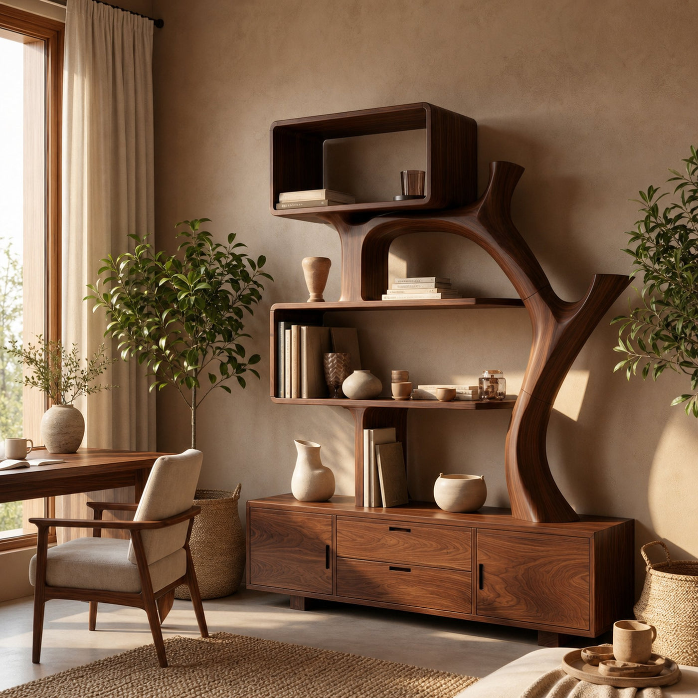 Sculptural Wood Display Shelf With Storage For Living Room