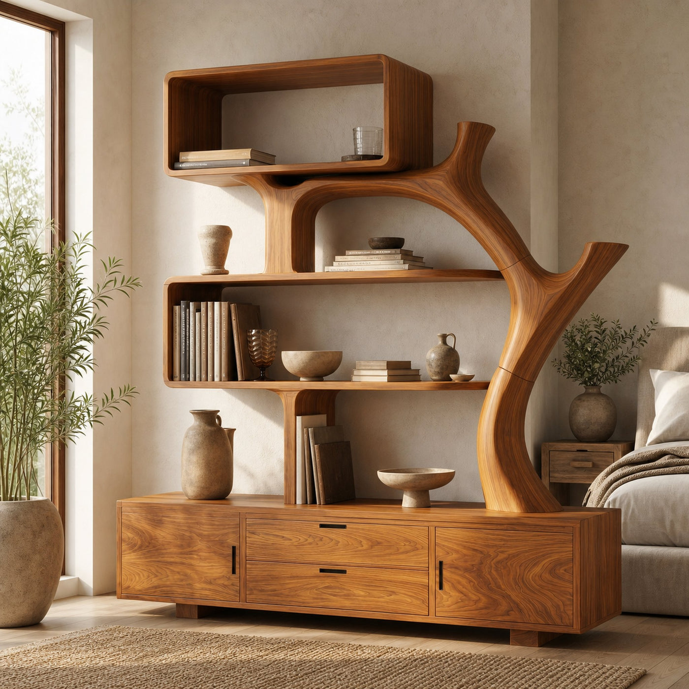 Sculptural Wood Display Shelf With Storage For Living Room - product view 6