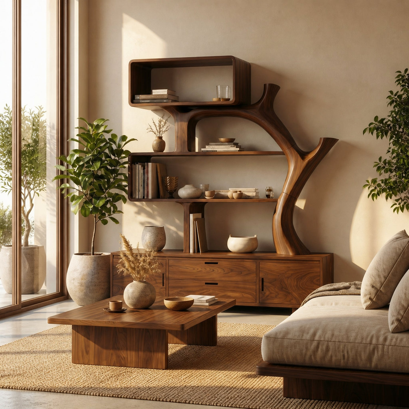 Sculptural Wood Display Shelf With Storage For Living Room - product view 7