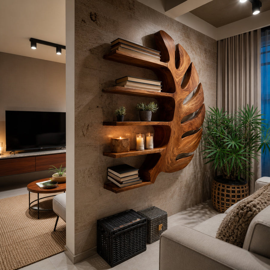 Sculptural Wood Monstera Leaf Bookshelf For Contemporary Interior