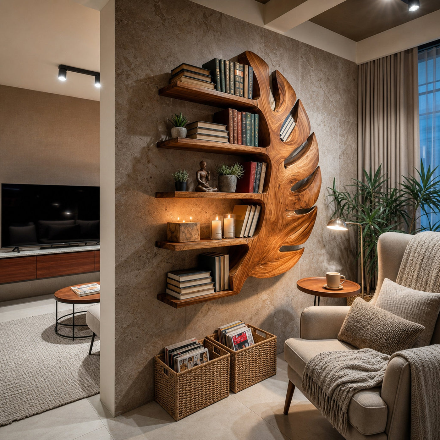 Sculptural Wood Monstera Leaf Bookshelf For Contemporary Interior - product view 7
