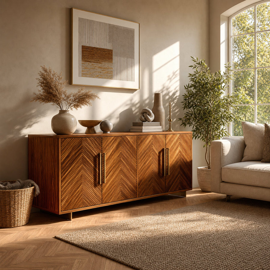 Sculptural Wood Sideboard With Layered Wave For Luxury Home