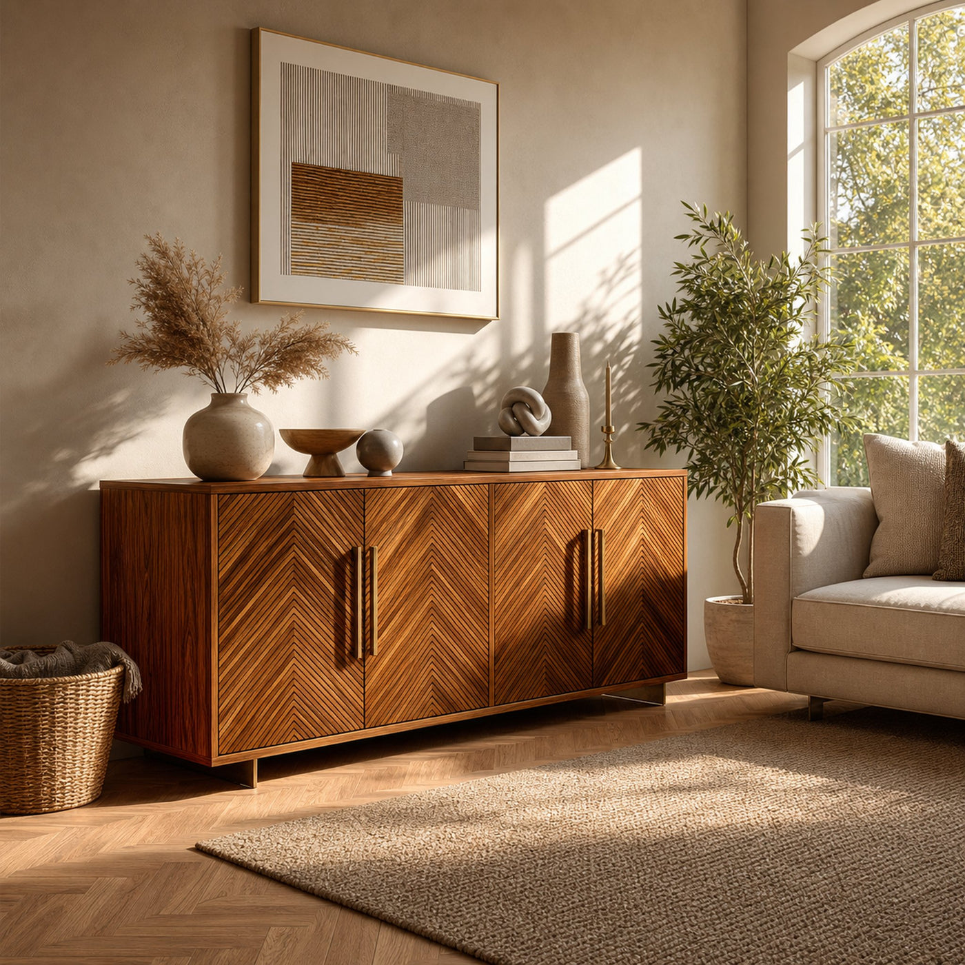 Sculptural Wood Sideboard With Layered Wave For Luxury Home