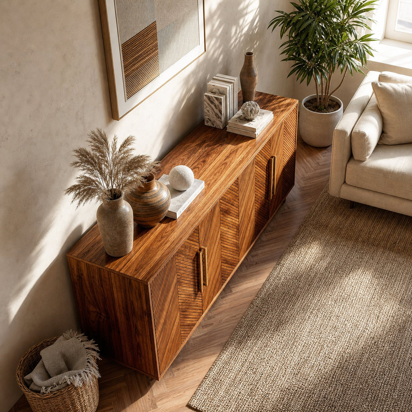 Sculptural Wood Sideboard With Layered Wave For Luxury Home - product view 6