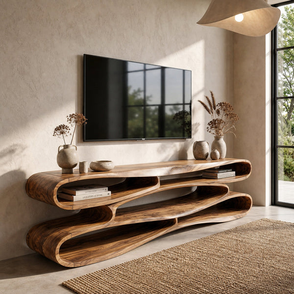 Sculptural Wood TV Cabinet Nature Inspired Entertainment Console For Living Room