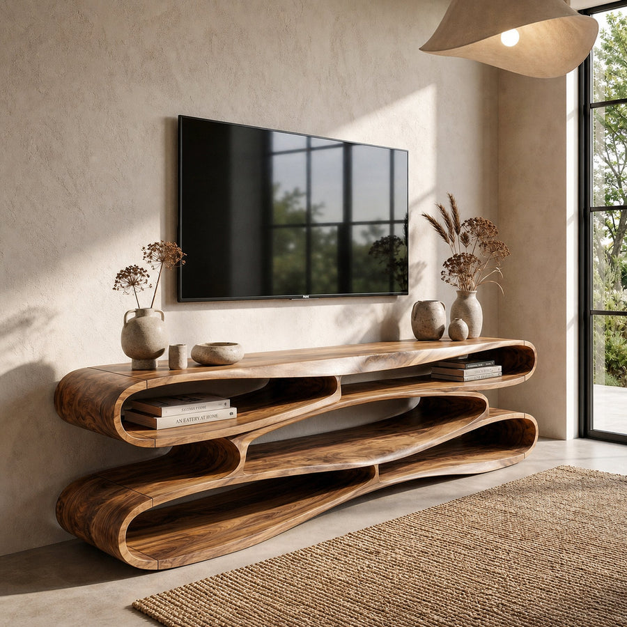 Sculptural Wood TV Cabinet Nature Inspired Entertainment Console For Living Room