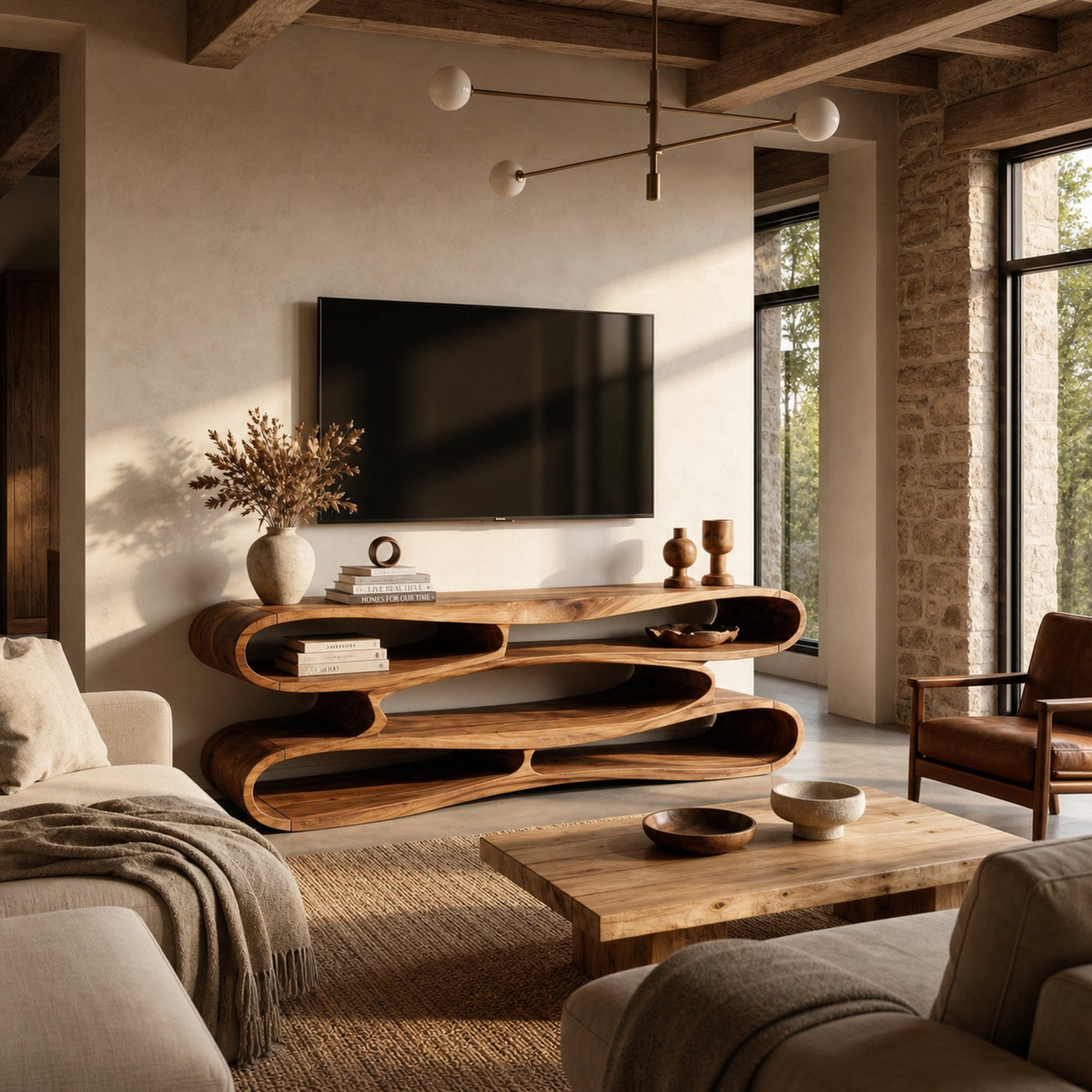 Sculptural Wood TV Cabinet Nature Inspired Entertainment Console For Living Room - product view 6