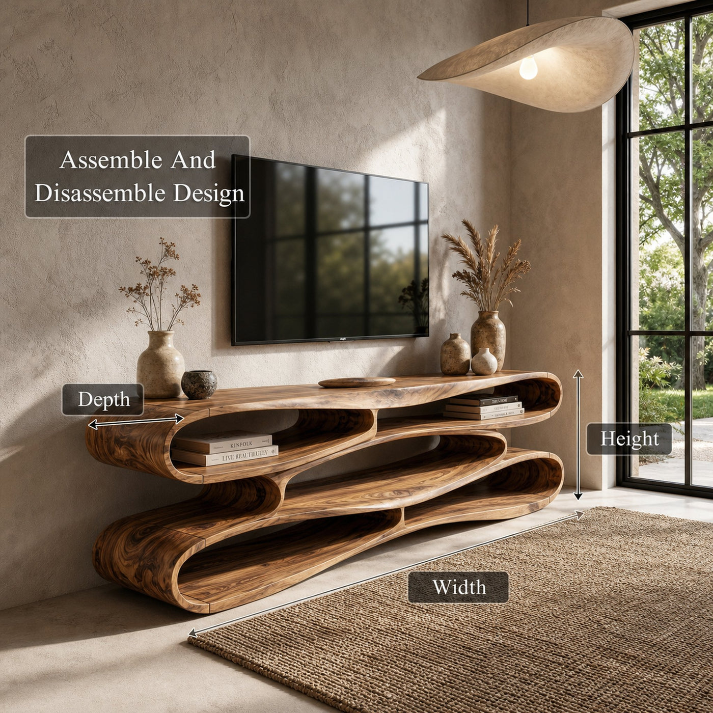 Sculptural Wood TV Cabinet Nature Inspired Entertainment Console For Living Room - product view 8