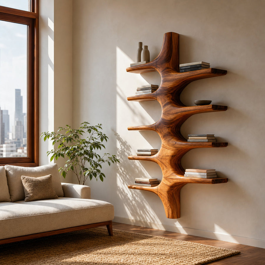 Sculptural Wood Wall Mounted Bookshelf For Modern Living Room