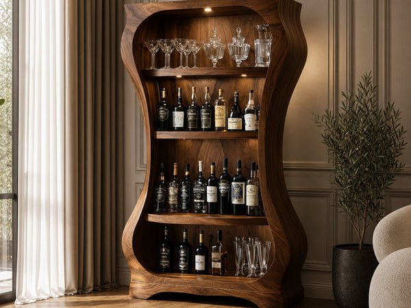 Sculptural Wood Wine Display Cabinet Interior