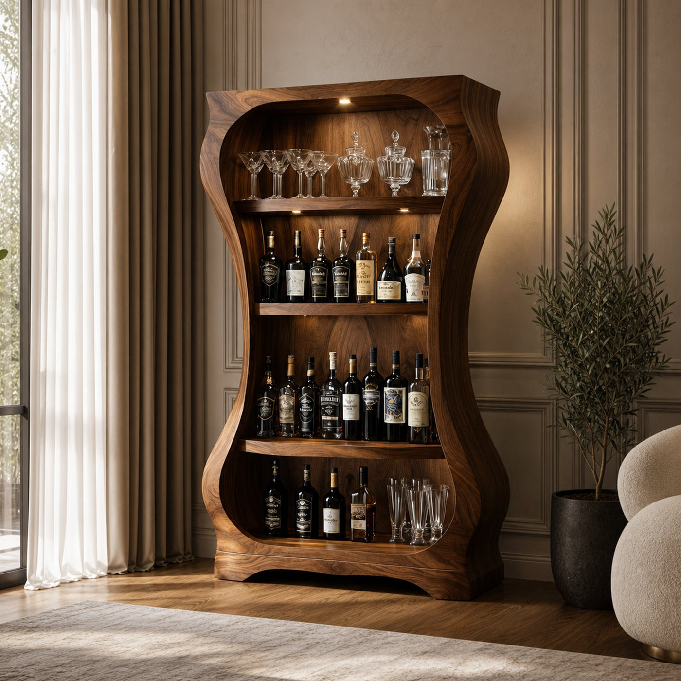 Sculptural Wood Wine Display Cabinet Interior