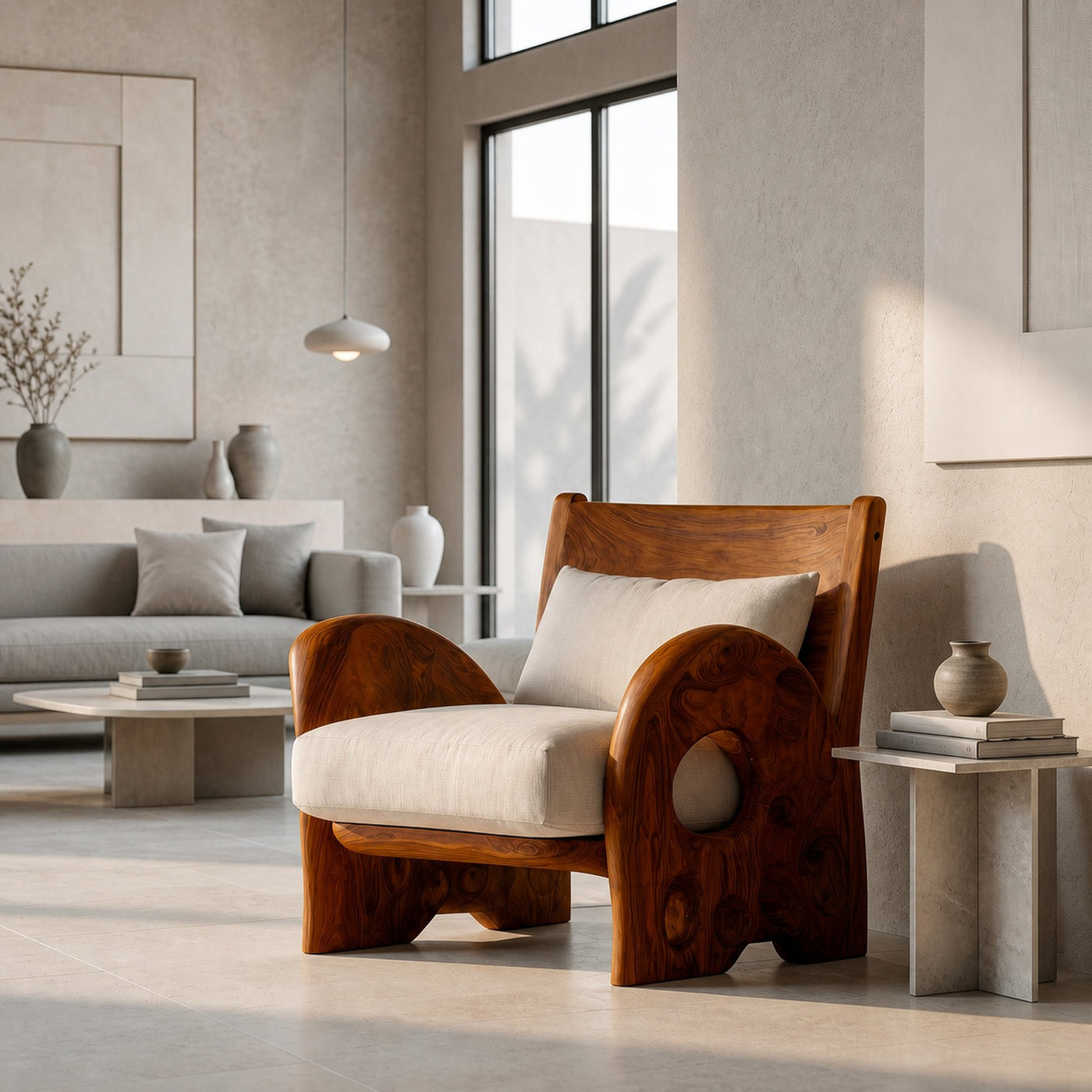 Sculptural Wooden Armchair For Living Room