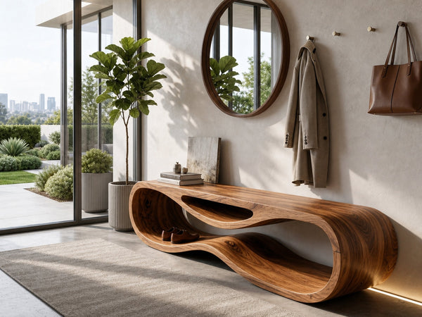 Sculptural Wooden Bench With Unique Wave Base For Entryway