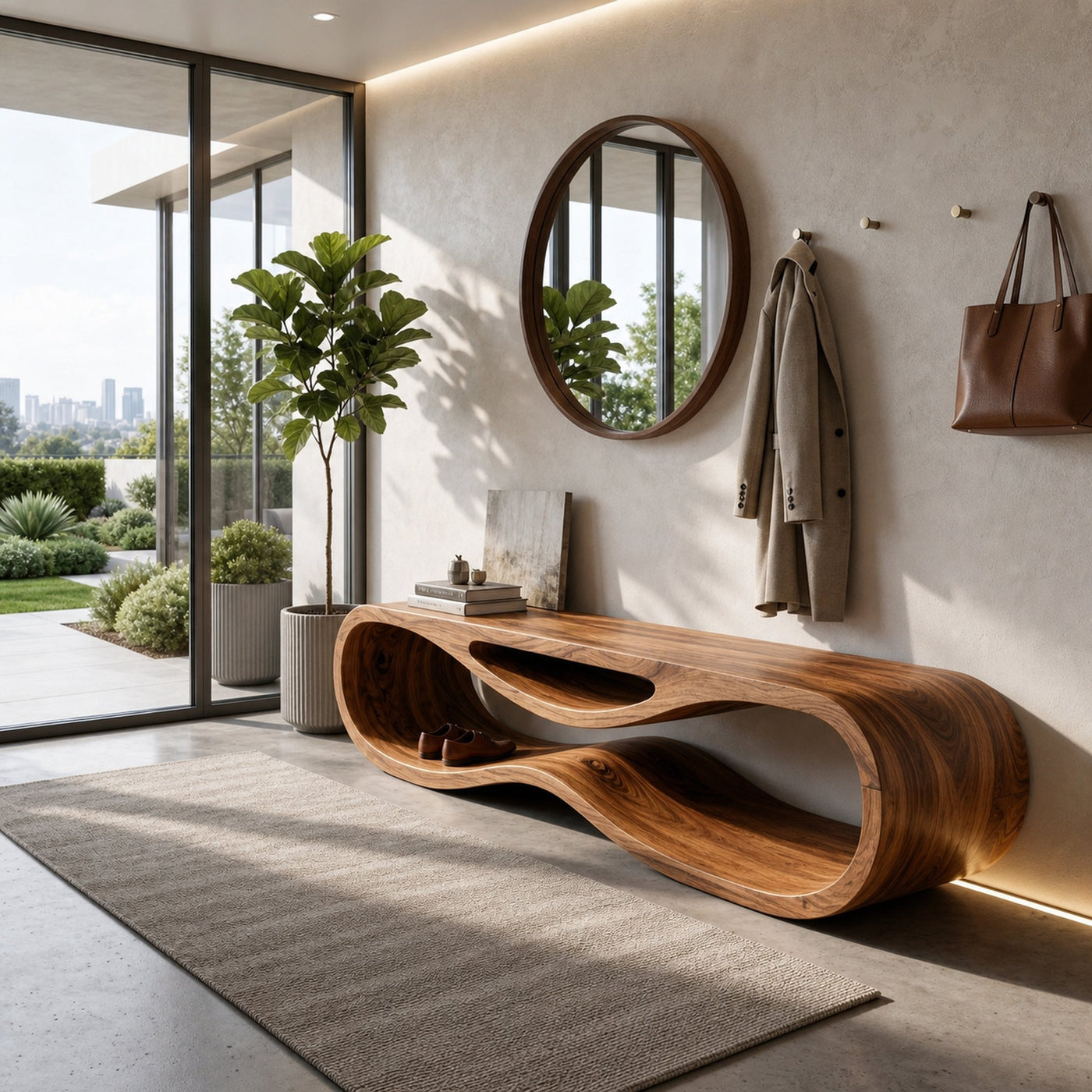 Sculptural Wooden Bench With Unique Wave Base For Entryway