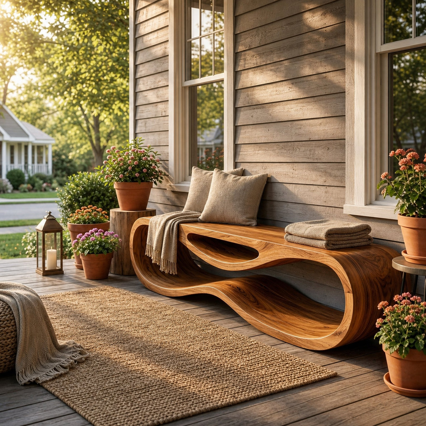 Sculptural Wooden Bench With Unique Wave Base For Entryway - product view 6