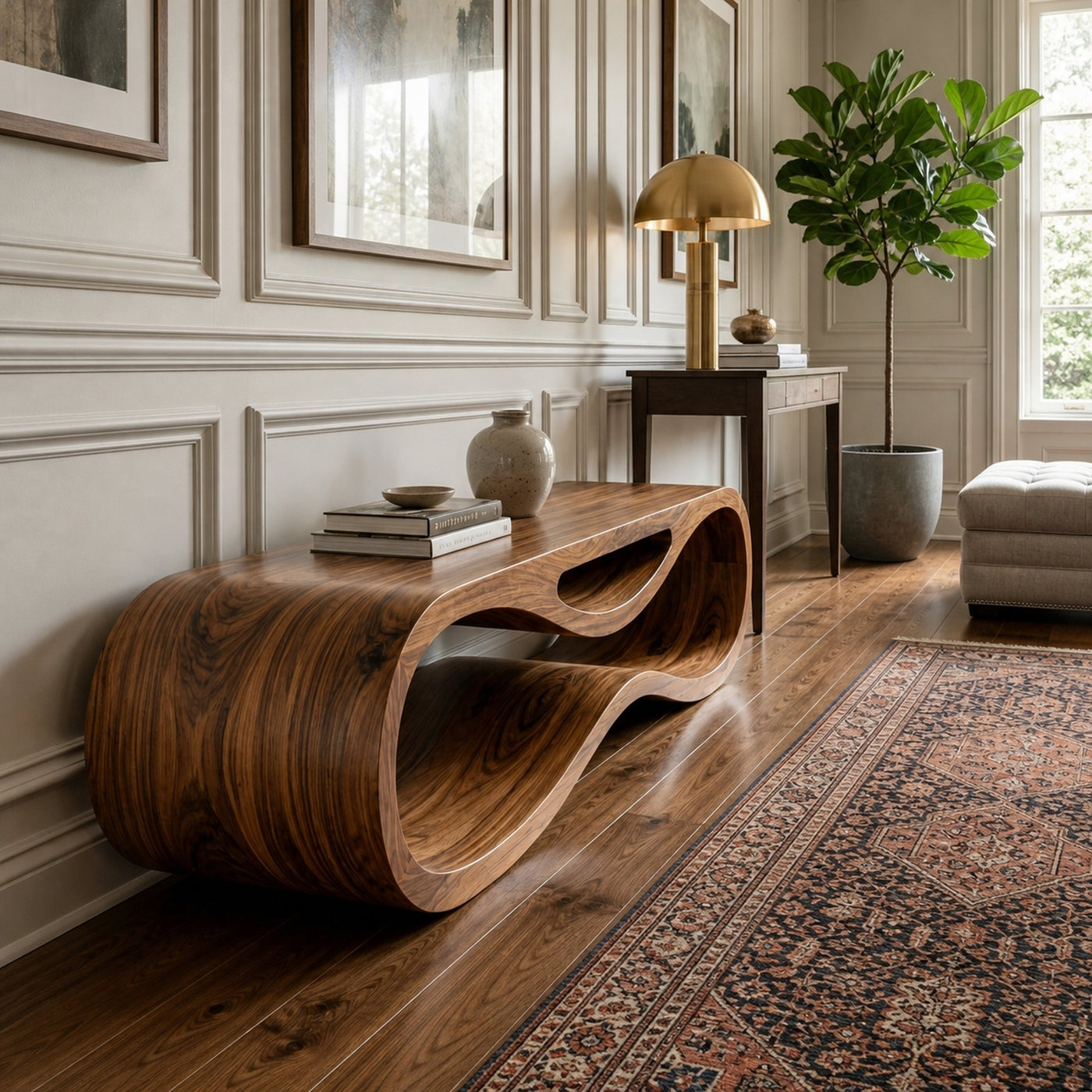 Sculptural Wooden Bench With Unique Wave Base For Entryway - product view 7