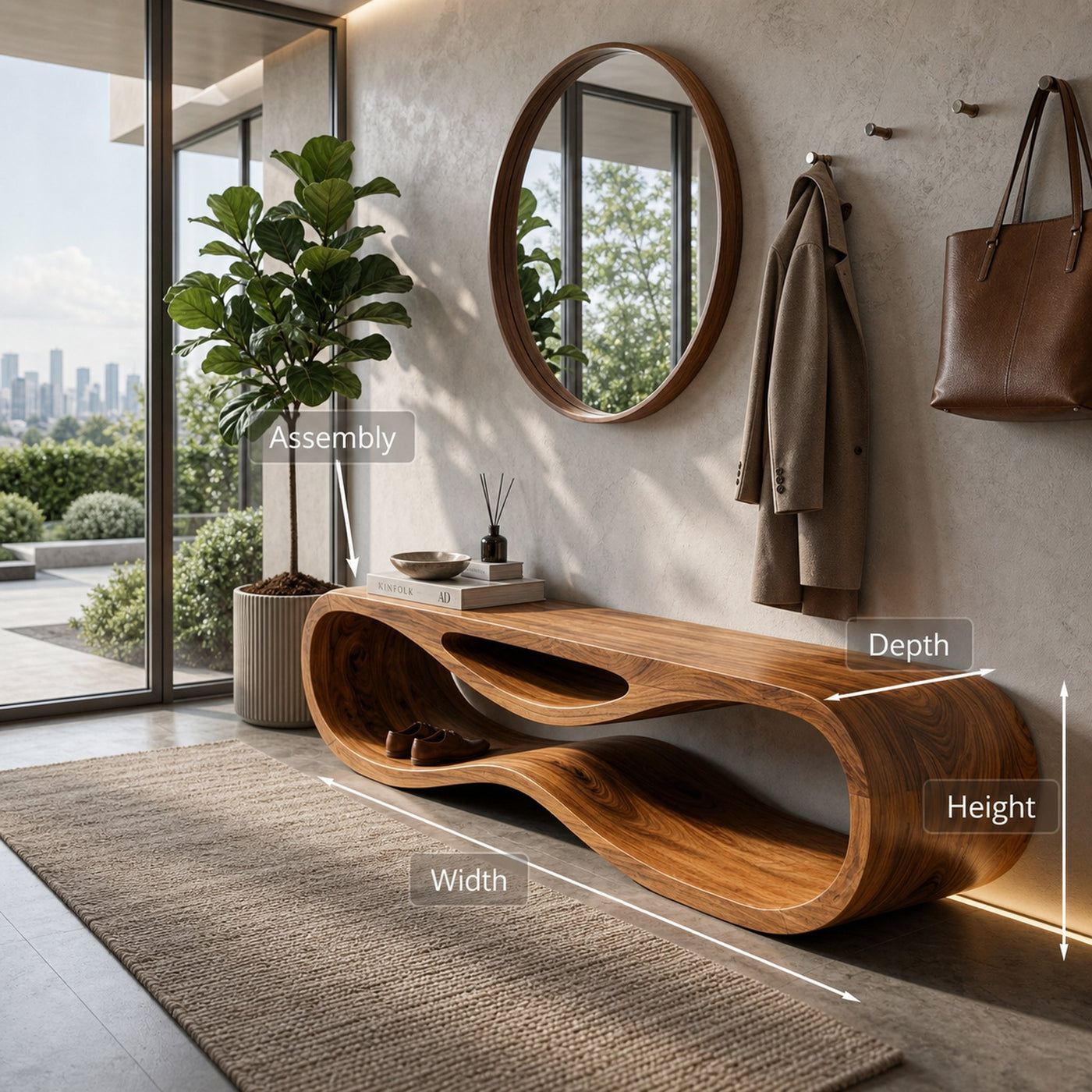 Sculptural Wooden Bench With Unique Wave Base For Entryway - product view 8