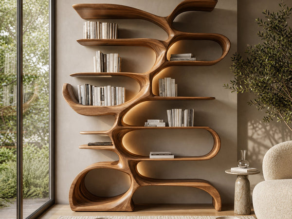 Sculptural Wooden Bookcase For Modern Living Room Storage