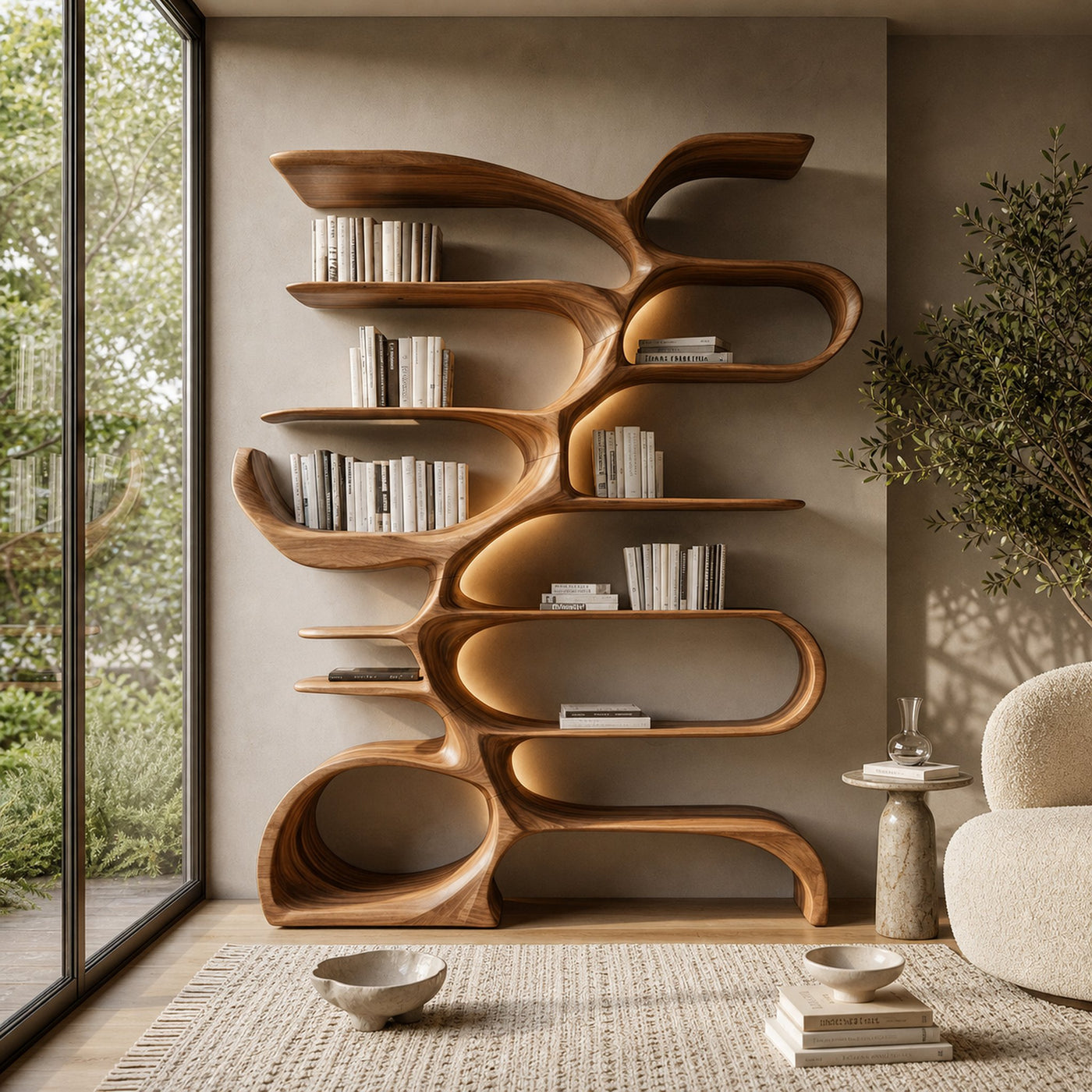 Sculptural Wooden Bookcase For Modern Living Room Storage