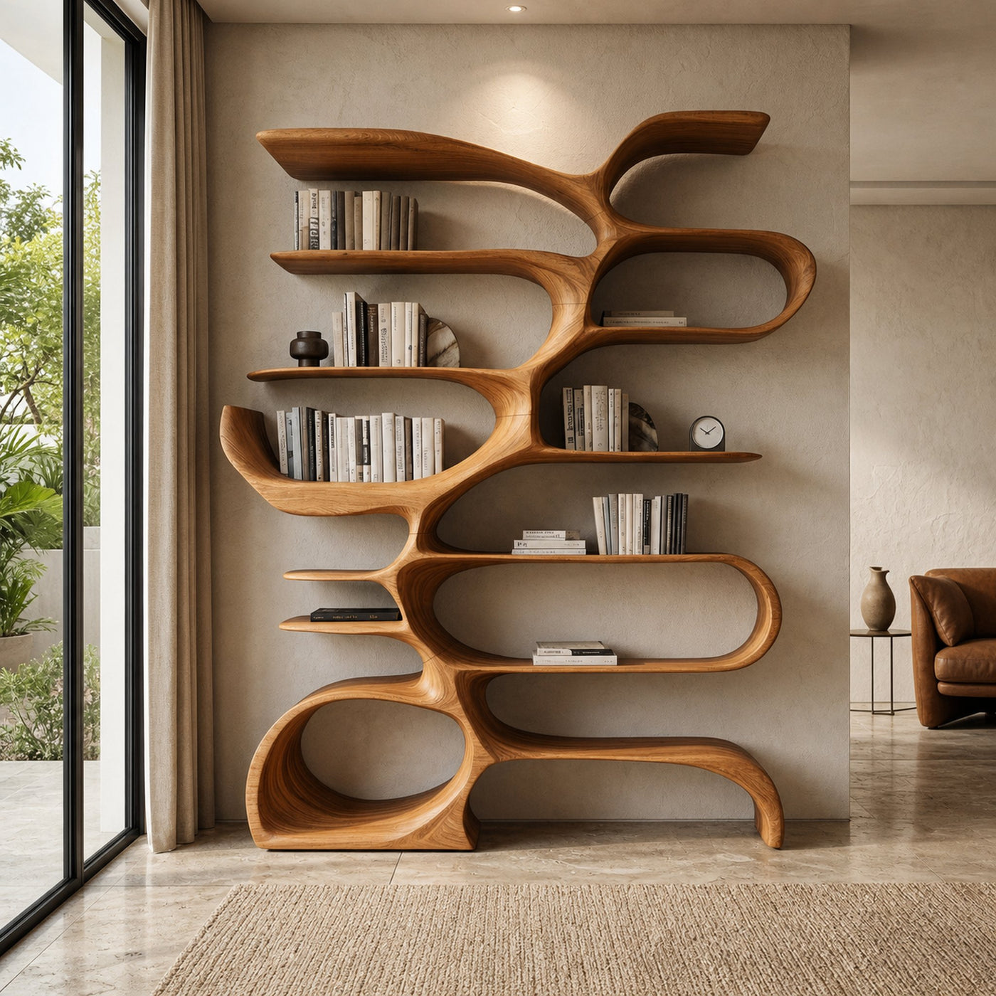 Sculptural Wooden Bookcase For Modern Living Room Storage - product view 6