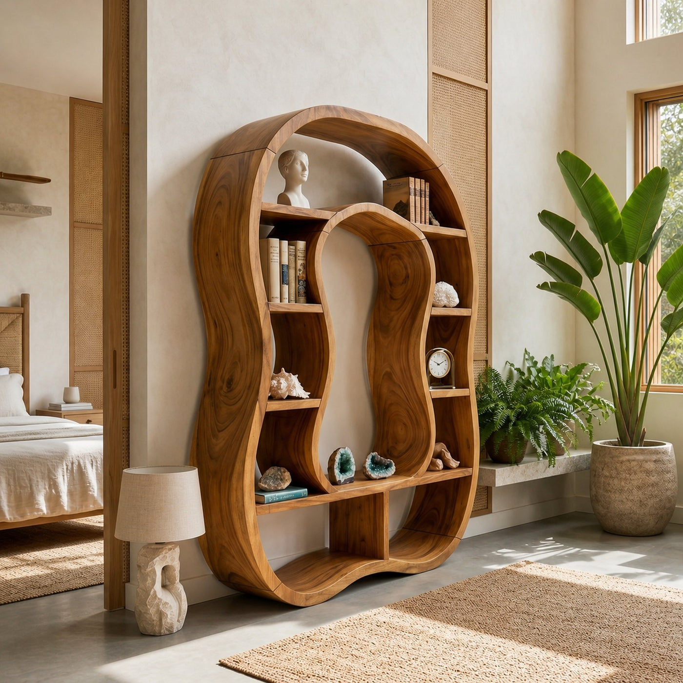 Sculptural Wooden Bookcase With Organic Open Design