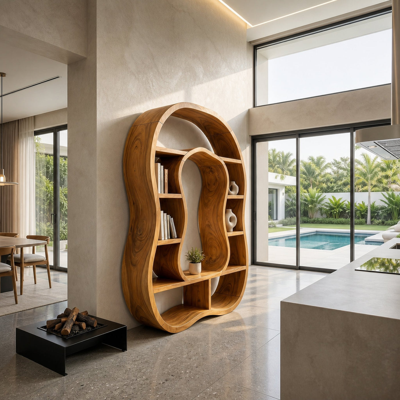 Sculptural Wooden Bookcase With Organic Open Design - product view 6