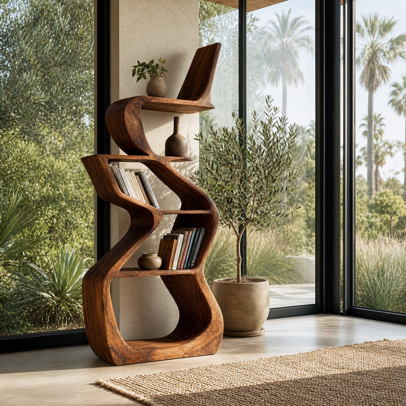 Sculptural Wooden Bookshelf For Living Room Corner