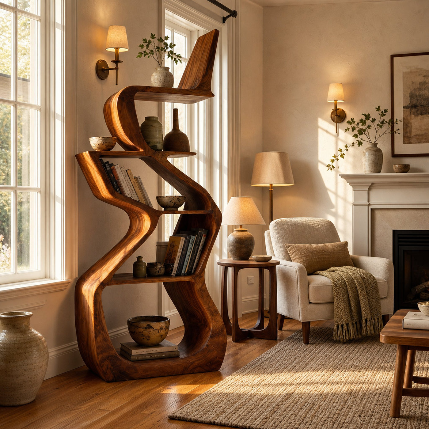 Sculptural Wooden Bookshelf For Living Room Corner - product view 6