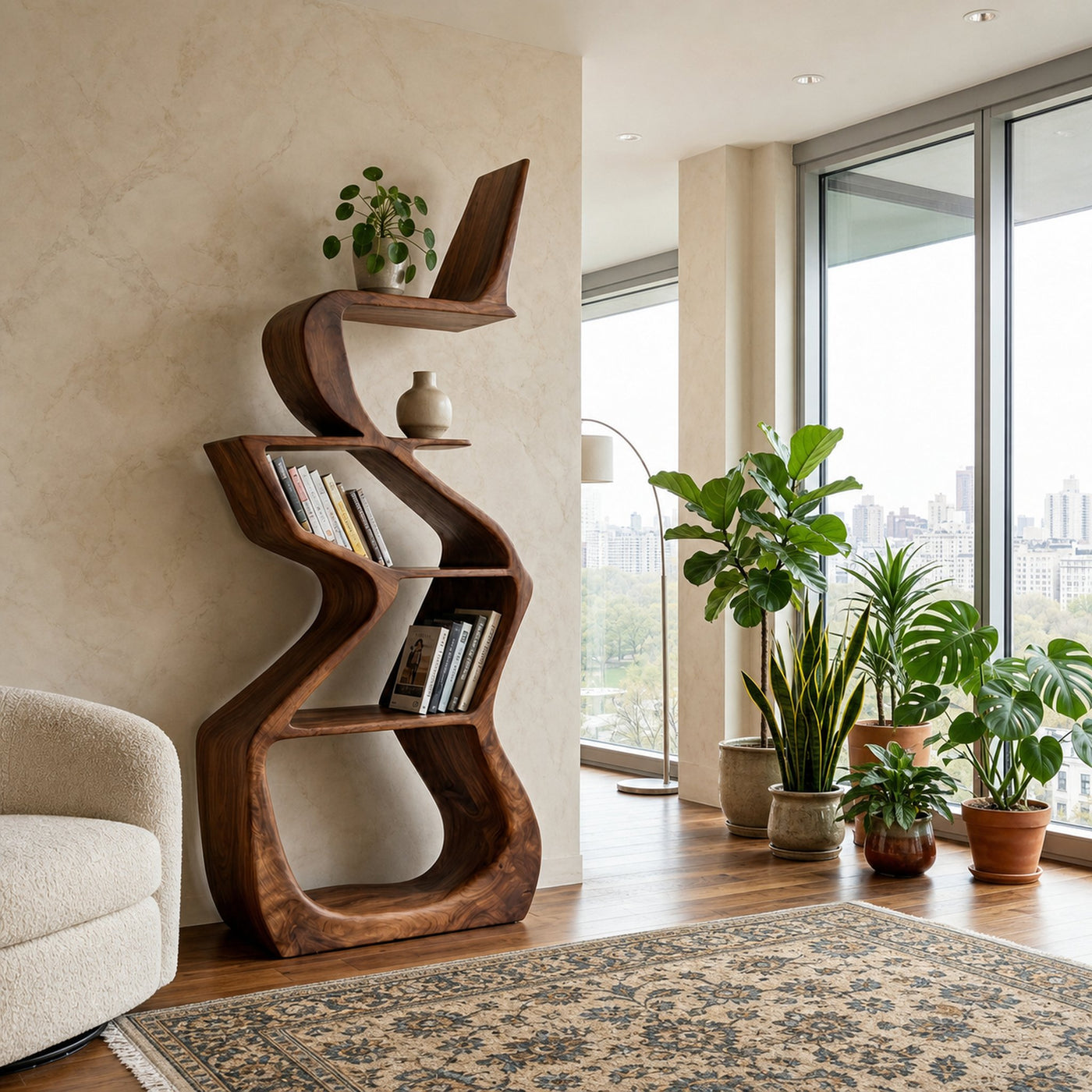 Sculptural Wooden Bookshelf For Living Room Corner - product view 7