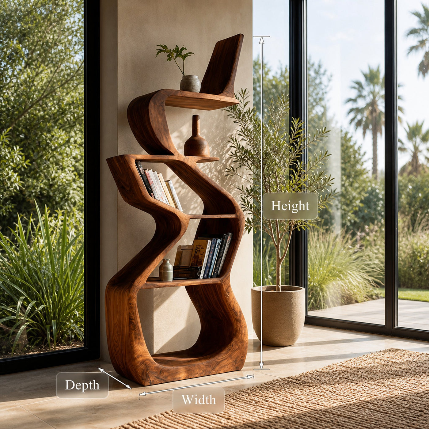 Sculptural Wooden Bookshelf For Living Room Corner - product view 8