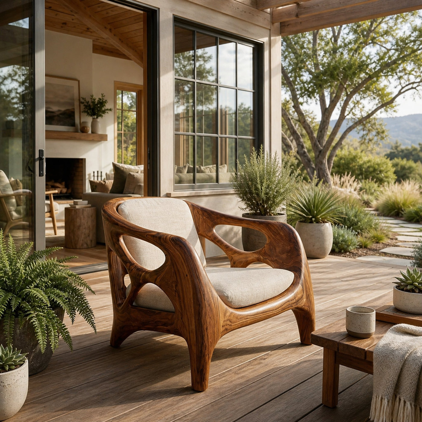 Sculptural Wooden Lounge Chair For Patio