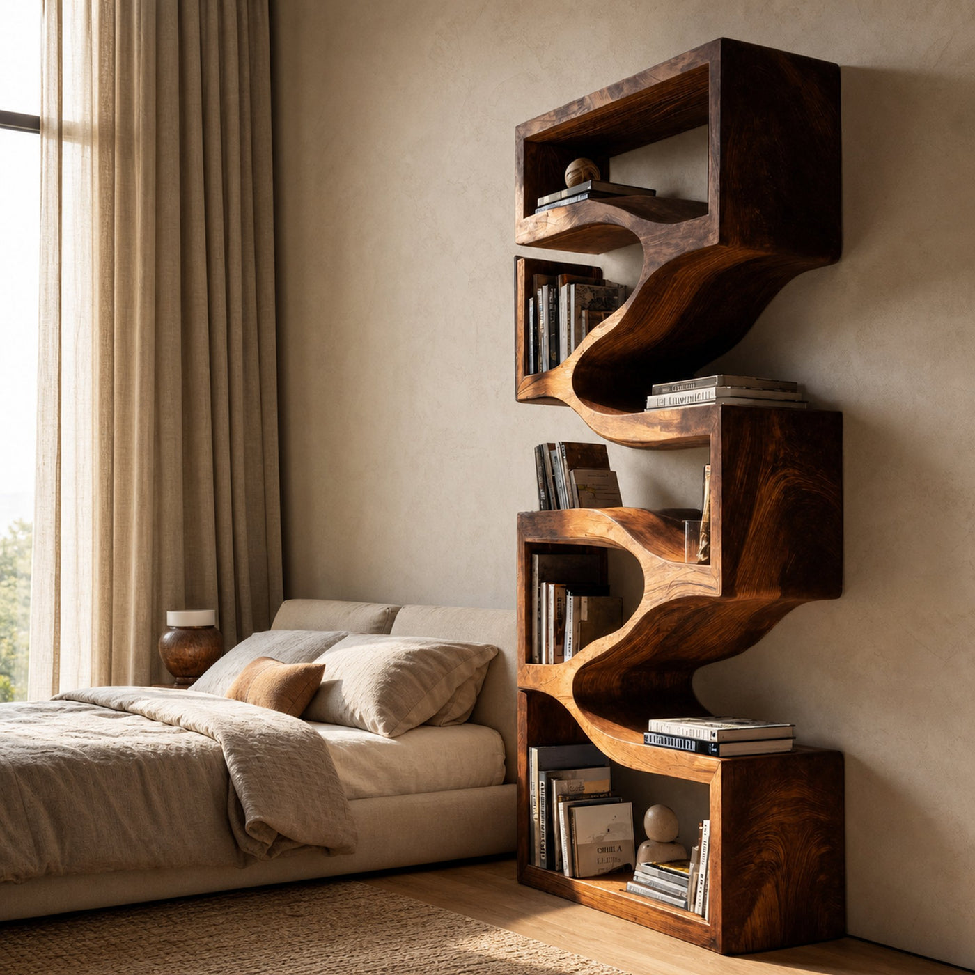 Sculptural Wooden Wall Bookcase For Modern BedRoom