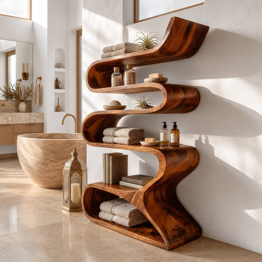 Sculptural Wooden Wall Shelf In Flowing Form