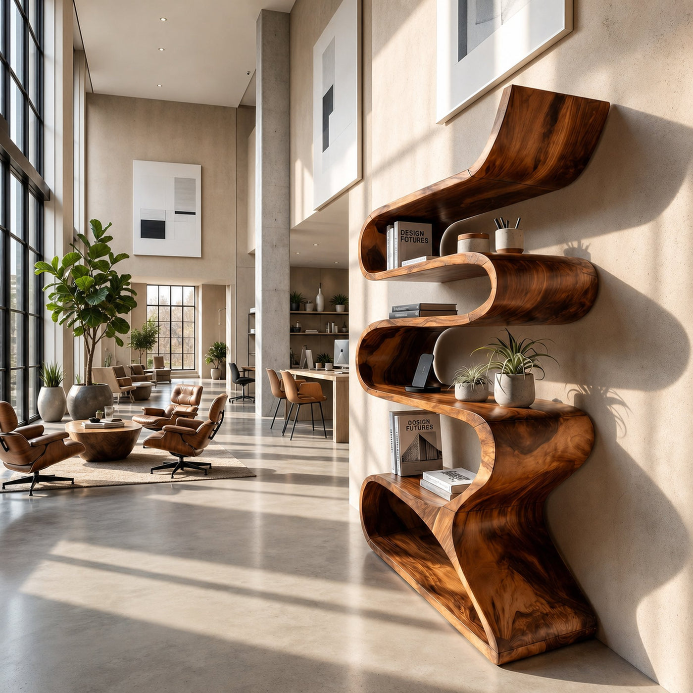 Sculptural Wooden Wall Shelf In Flowing Form - product view 6