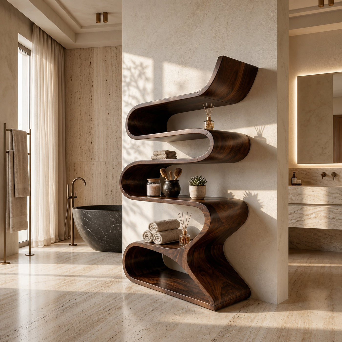 Sculptural Wooden Wall Shelf In Flowing Form - product view 7