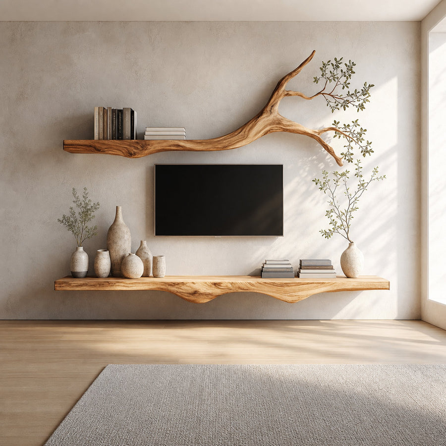 Set 2 Pieces Rustic Floating Wall TV Console Solid Wood Bedroom Living
