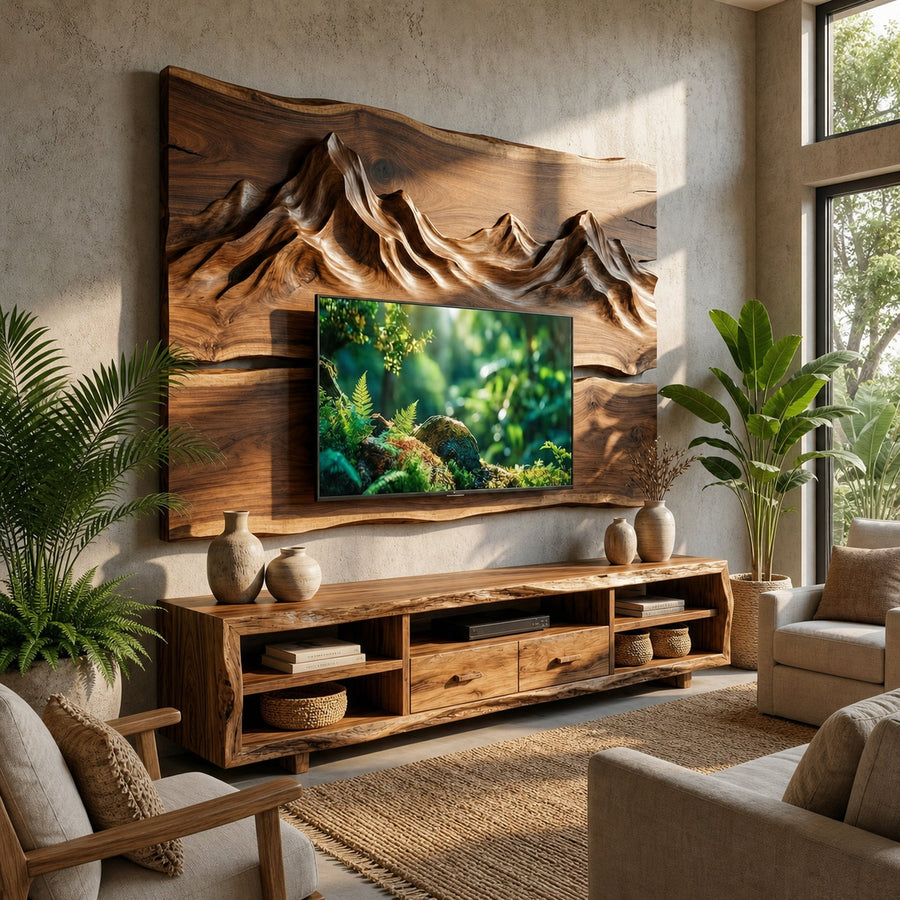 Set Rustic TV Cabinet And Wood Wall Panel Set Living Room