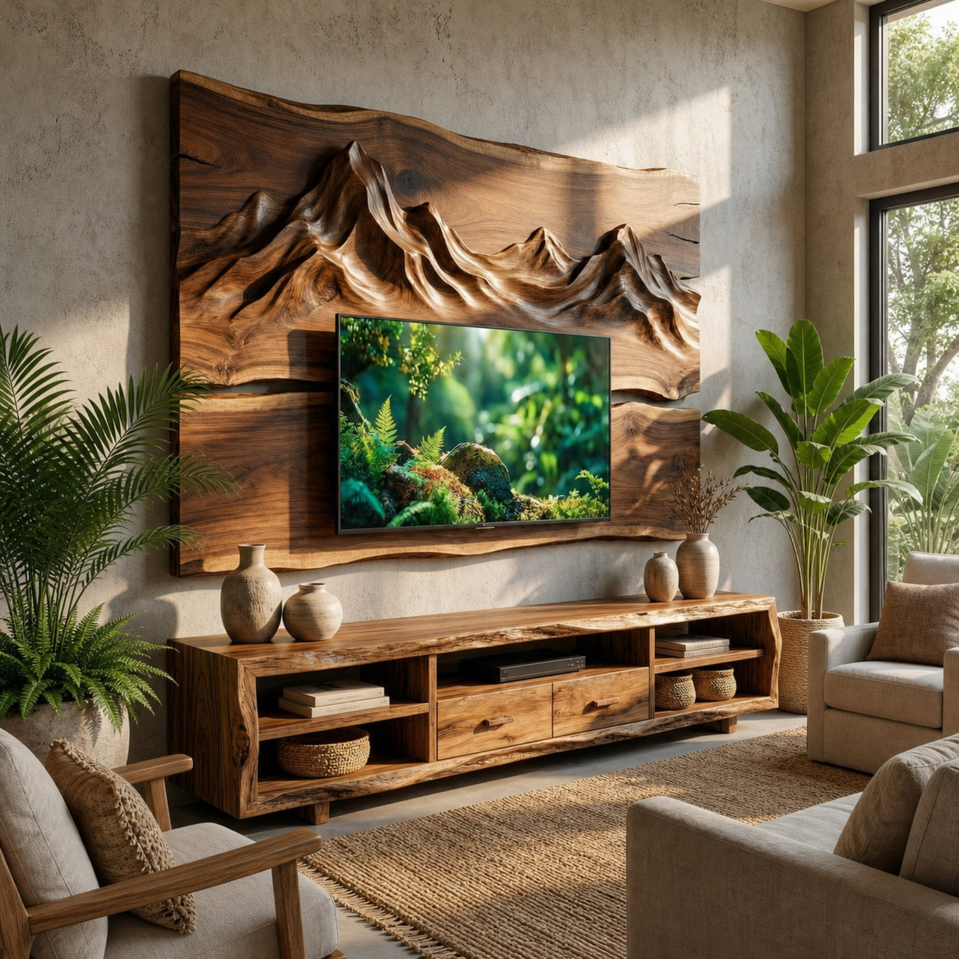 Set Rustic TV Cabinet And Wood Wall Panel Set Living Room