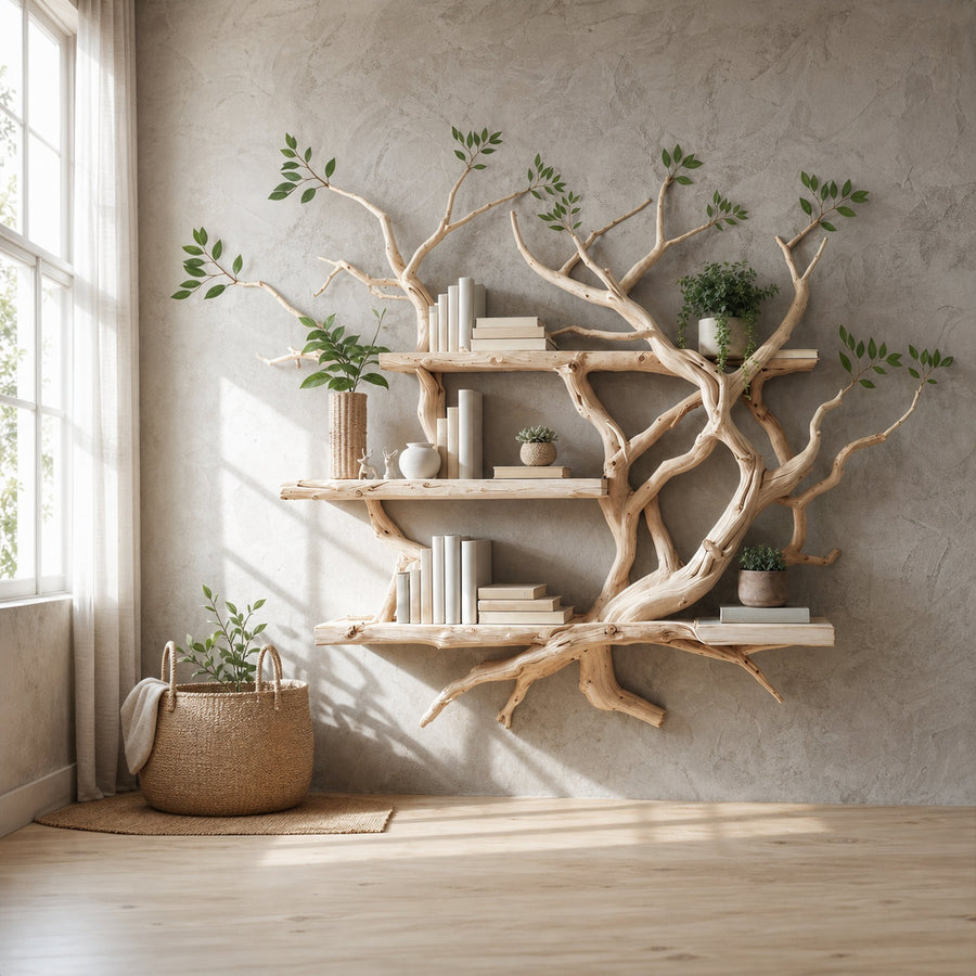 Solid Wood Tree Bookcase Wall Mount Bookshelf