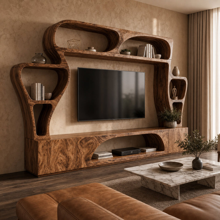 Statement TV Console With Sculptural Wall Storage System For Living Room