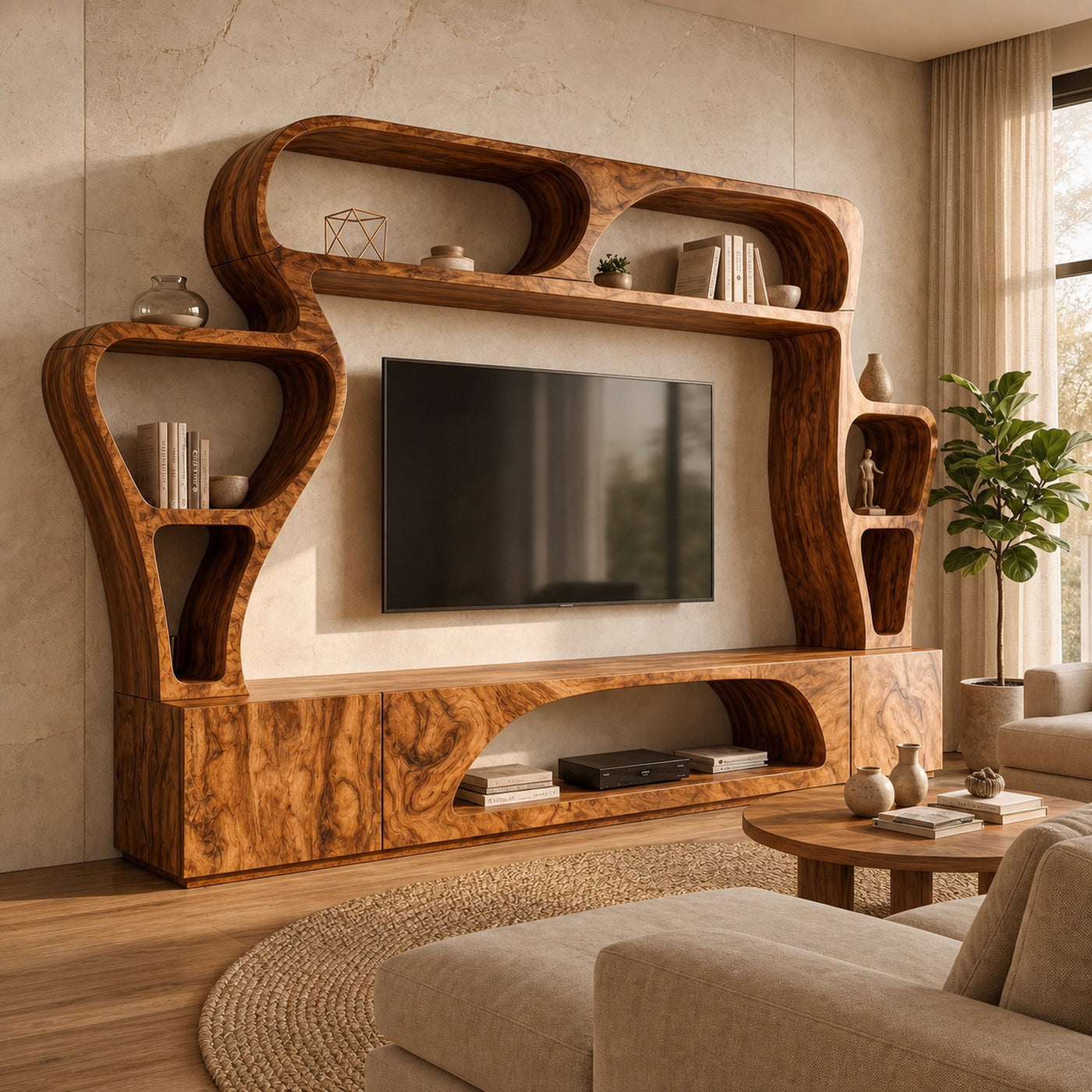 Statement TV Console With Sculptural Wall Storage System For Living Room - product view 6