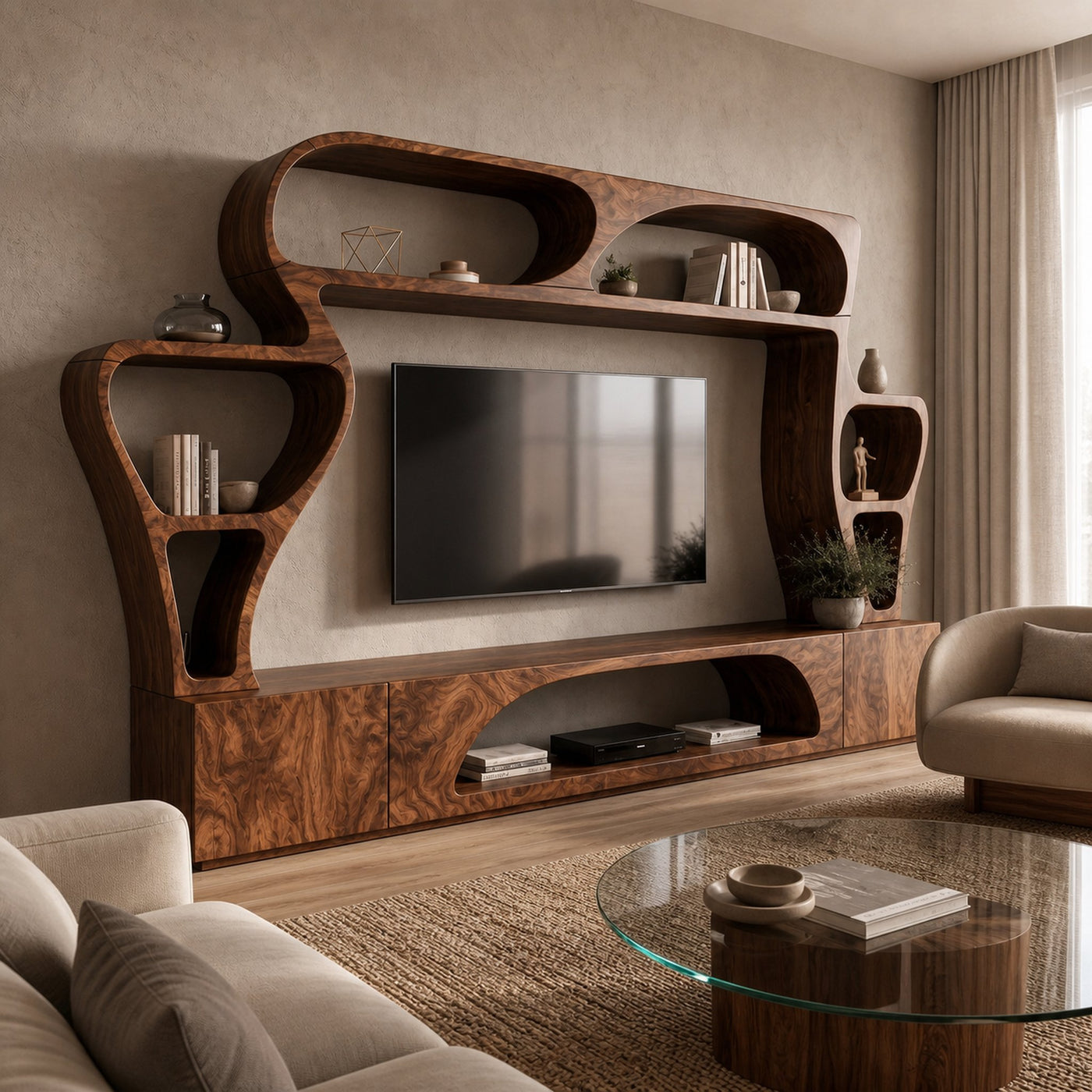 Statement TV Console With Sculptural Wall Storage System For Living Room - product view 7
