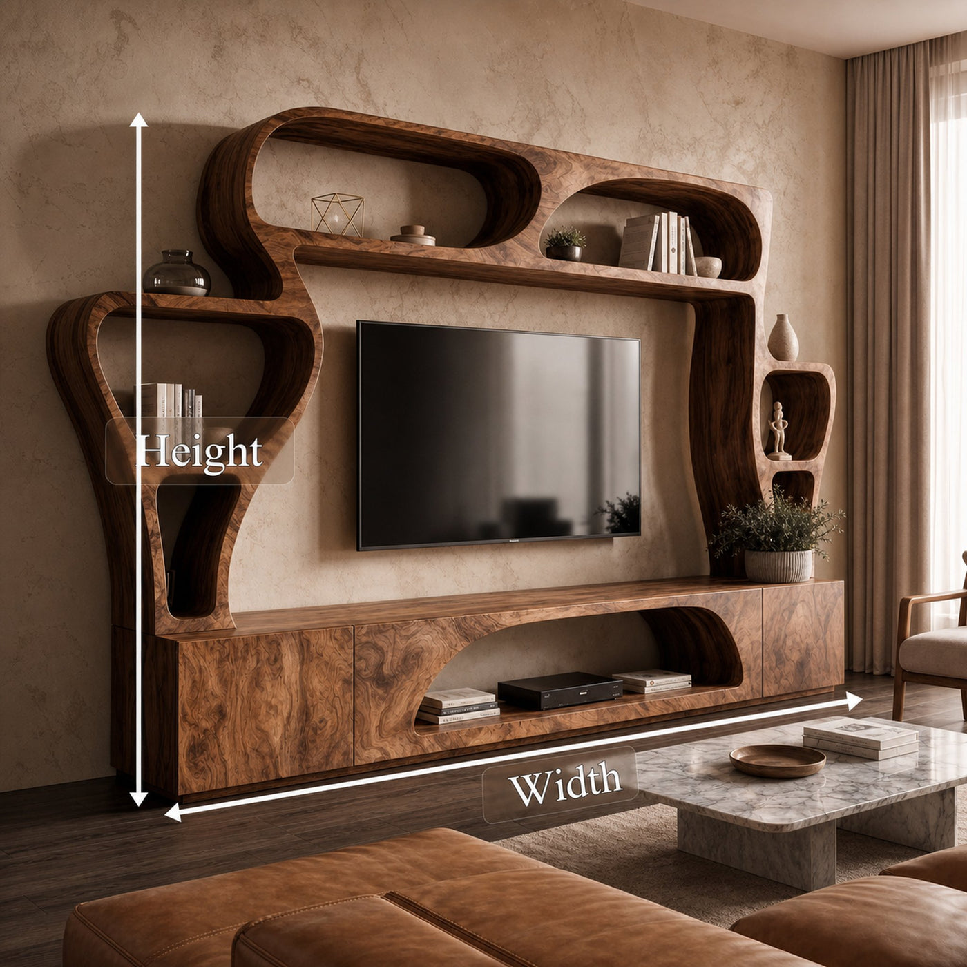 Statement TV Console With Sculptural Wall Storage System For Living Room - product view 8